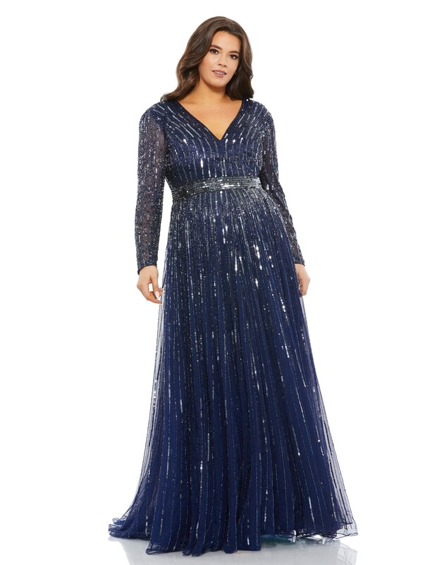 Embellished Illusion Long Sleeve V Neck A Line Gown