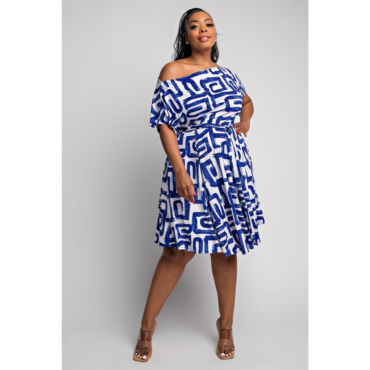 Plus Size Short Sleeves Flare Dress With Self Tie