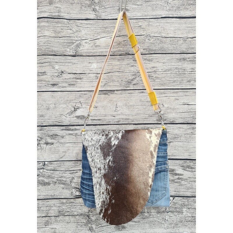 KUHIE®, Kuhfelltasche Tessa "L-Up" mit Jeans, Leder und Kuhfell in gelb
