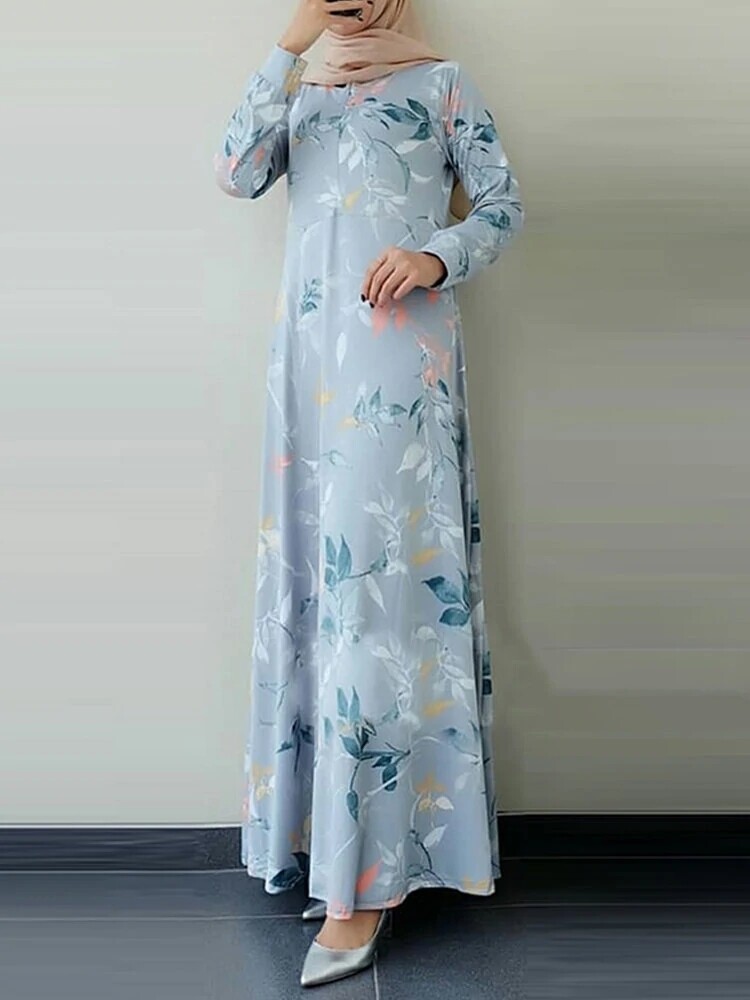 Women Ethnic Floral Print O-Neck Bohemian Casual Long Sleeve Maxi Dress