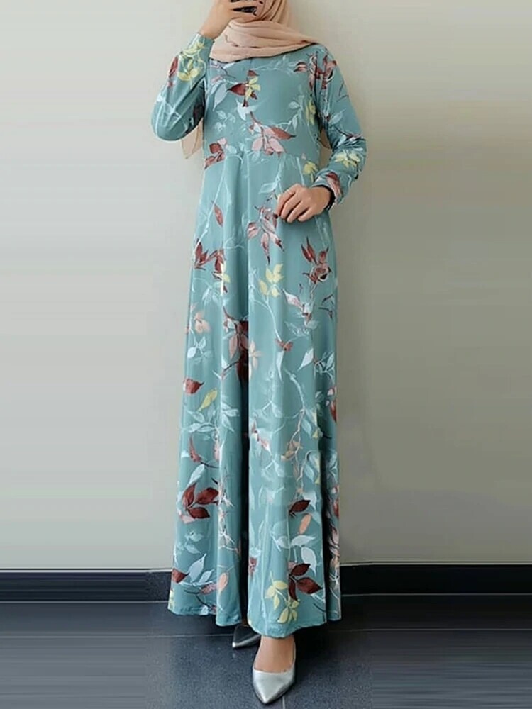 Women Ethnic Floral Print O-Neck Bohemian Casual Long Sleeve Maxi Dress
