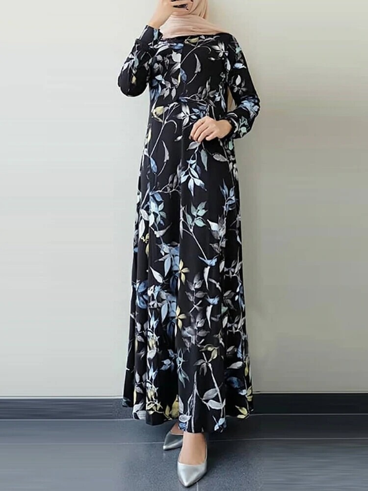Women Ethnic Floral Print O-Neck Bohemian Casual Long Sleeve Maxi Dress