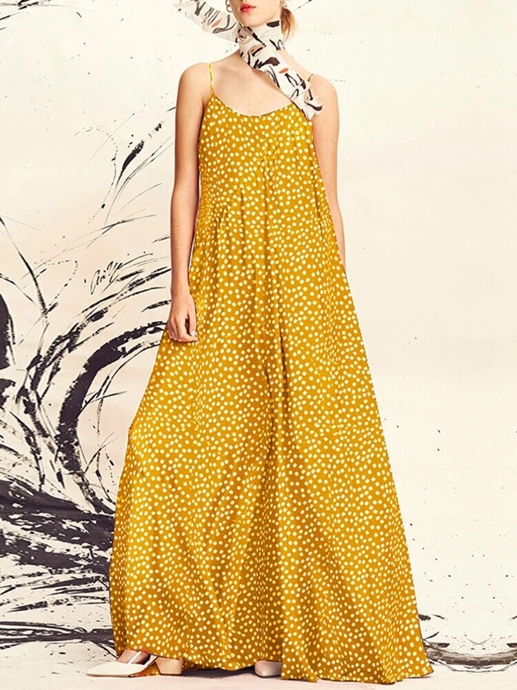 Women Polka Dot Print Spaghetti Straps Casual Maxi Dresses  Black 