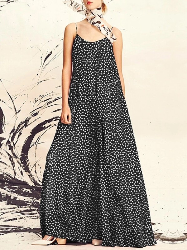 Women Polka Dot Print Spaghetti Straps Casual Maxi Dresses  Black 