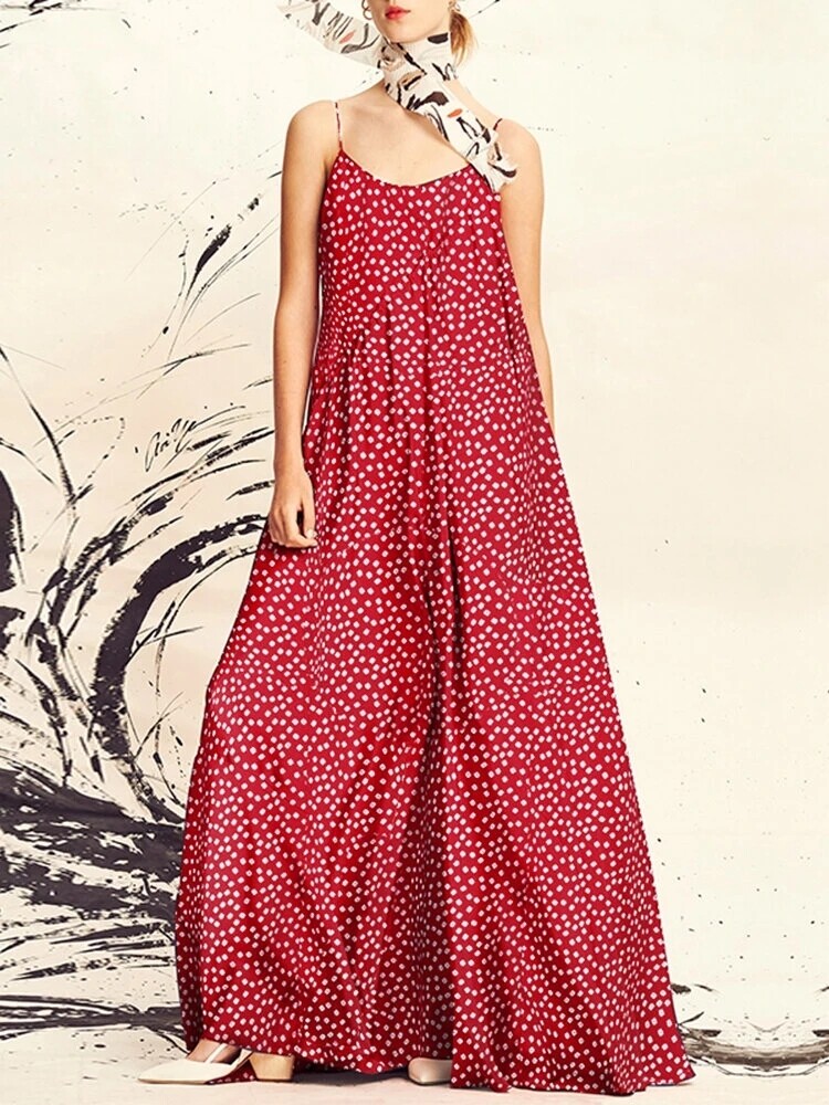 Women Polka Dot Print Spaghetti Straps Casual Maxi Dresses  Black 