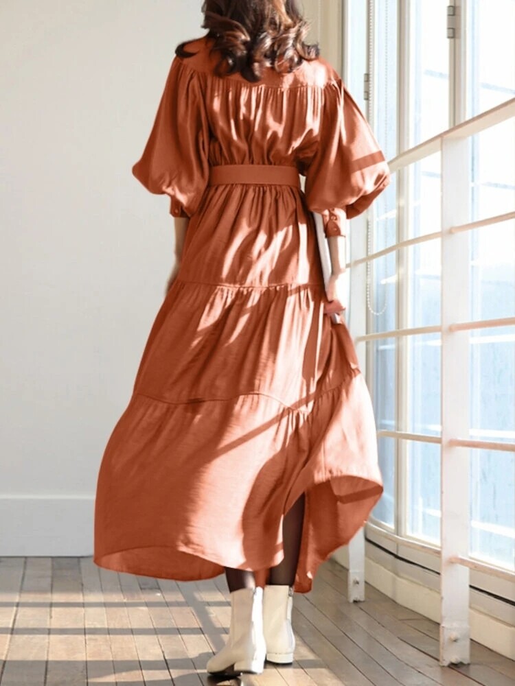 Solid Color Stand Collar Puff Sleeve Belted Pleated Shirt Maxi Dress