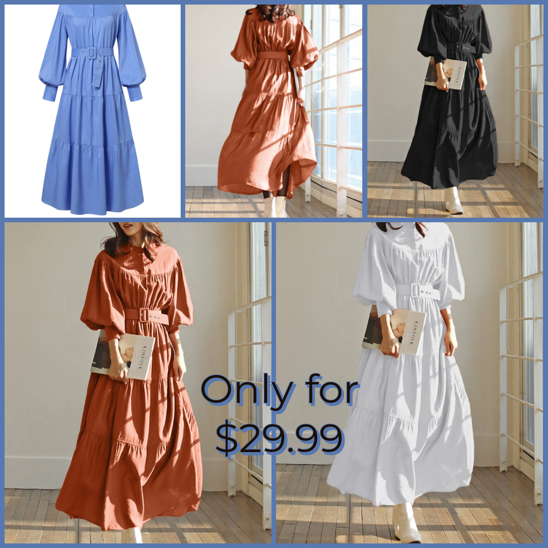 Solid Color Stand Collar Puff Sleeve Belted Pleated Shirt Maxi Dress