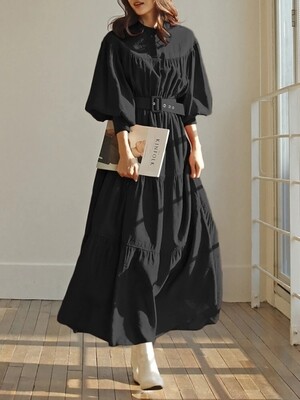 Solid Color Stand Collar Puff Sleeve Belted Pleated Shirt Maxi Dress