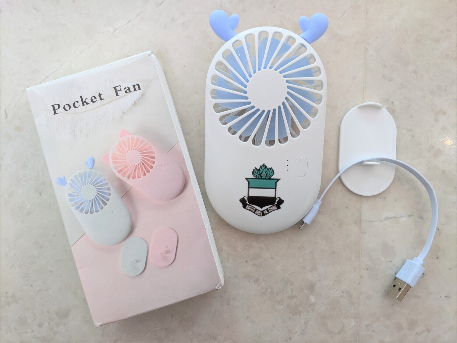 Mini portable pocket rechargeable fan with school crest