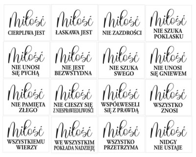 Drewniane Tabliczki Z Hymnem o Miłości 
Komplet - 16 Tabliczek - wypożyczenie