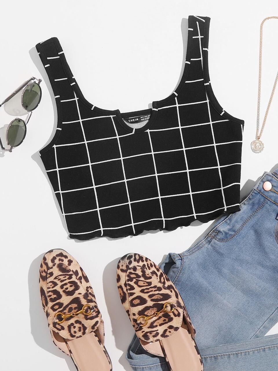 Notch Neck Lettuce Grid Tank Top