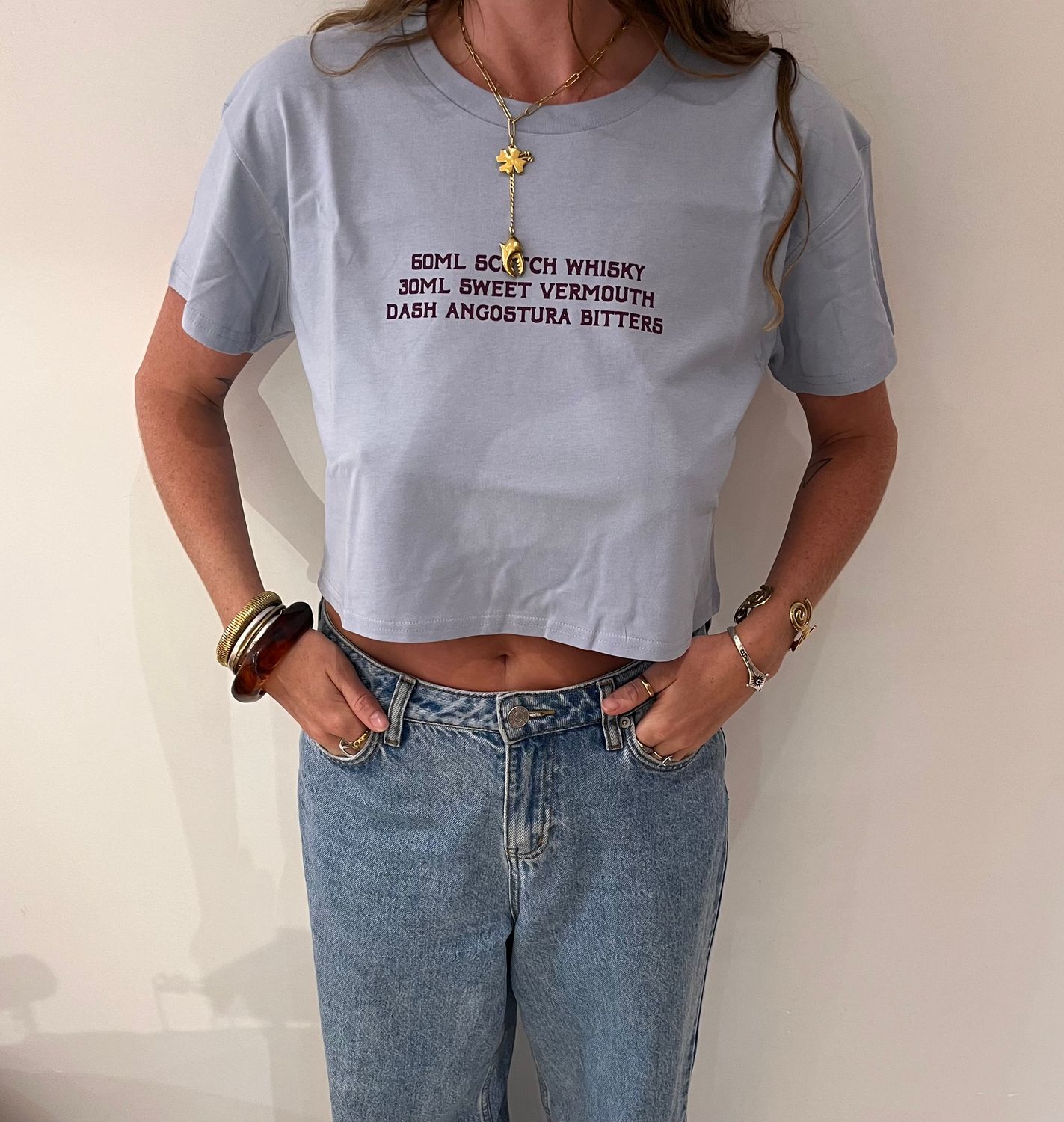 Rob Roy Womens Cocktail Crop Top Shirt PURPLE ON BLUE
