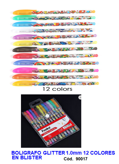 Boligrafo con Brillantina en blister 12 colores