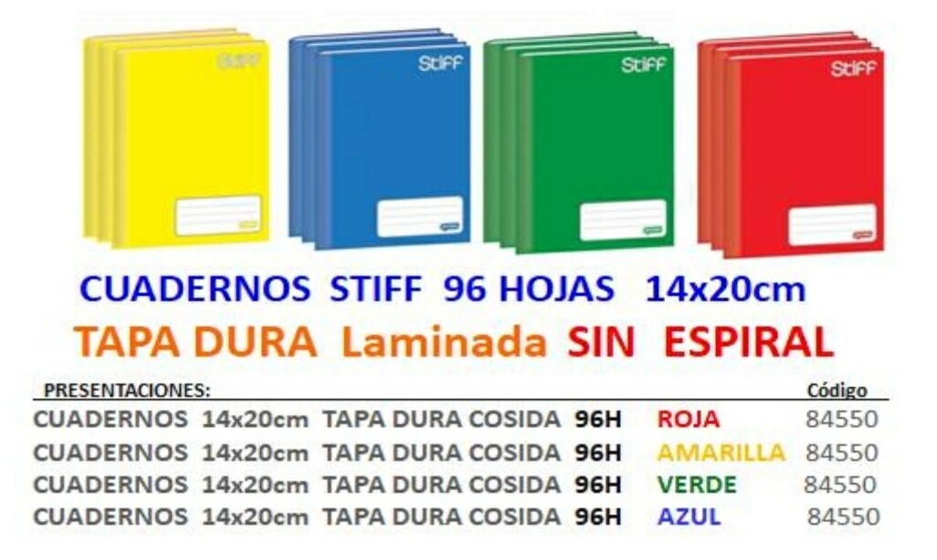 Cuarderno  Stiff 5 colores Tapa dura cosido 96-hojas