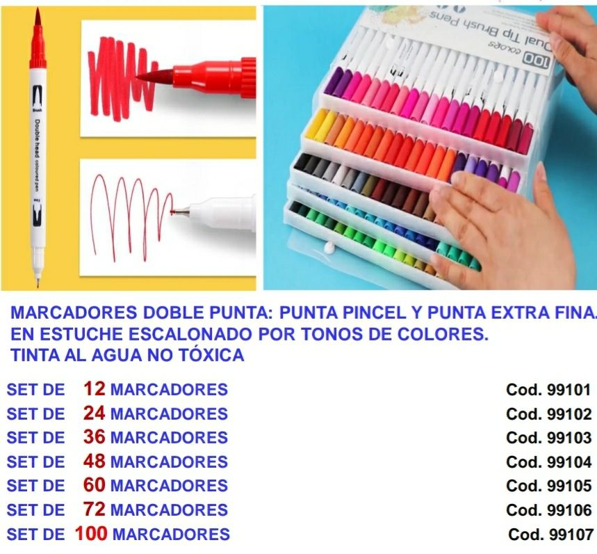 Marcadores 2 Puntas (Pincel/Fino ) por 100 colores