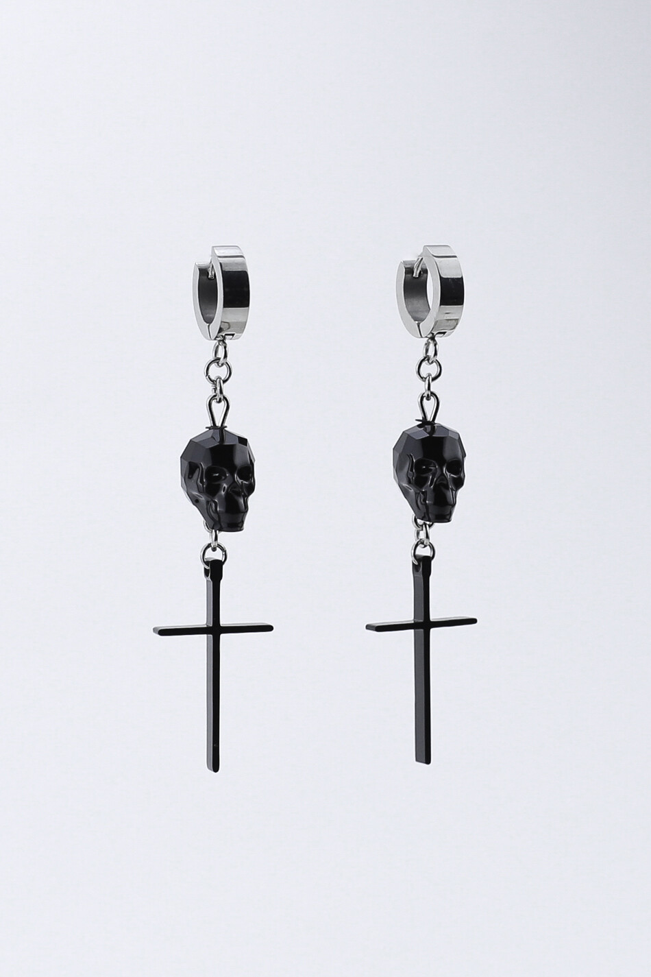 Earrings with a small crystal "Black skull and black cross"