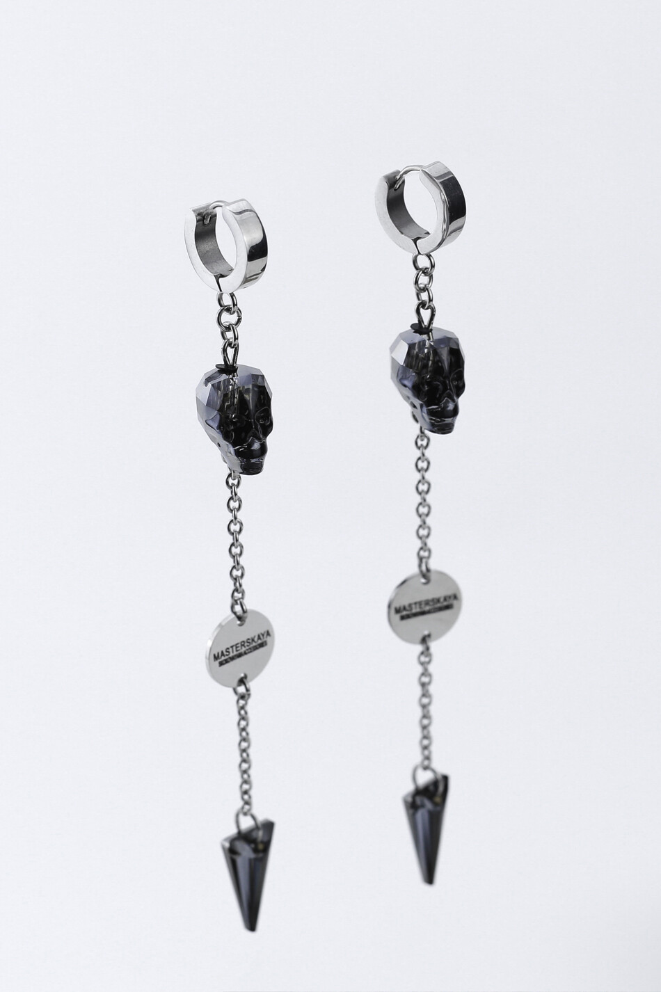 Long earrings with a small crystal "Skull logo spike"