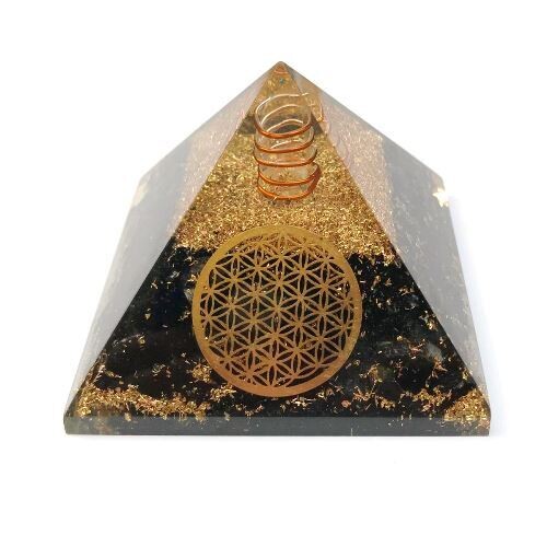 Grand Pyramide d&#39;orgone en tourmaline noire avec symbole de fleur de vie (80 mm/77mm)