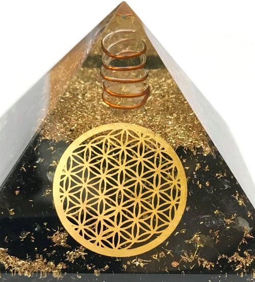 Grand Pyramide d&#39;orgone en tourmaline noire avec symbole de fleur de vie (80 mm/77mm)