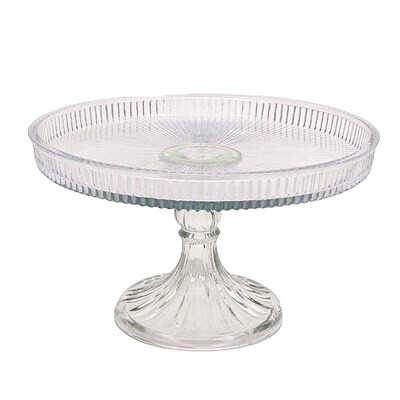 A CLEAR GLASS CAKE TRAY WITH A BEAUTIFUL ETCHED DETAILING