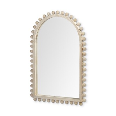 A WOOD FRAMED MIRROR WITH AN ARCHED TOP AND BEADED DETAIL AROUND THE EDGE. 