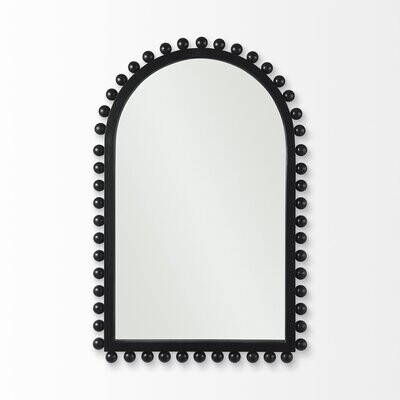 A WOOD FRAMED MIRROR WITH AN ARCHED TOP AND BEADED DETAIL AROUND THE EDGE. 