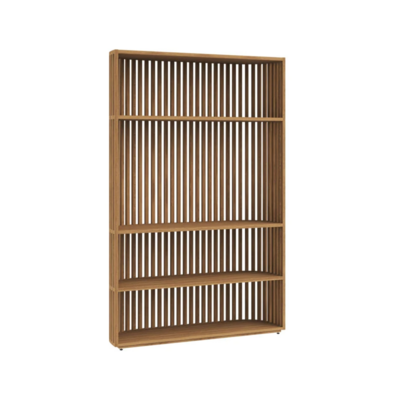 The Tessa Bookcase features a curved frame crafted from solid natural mango wood