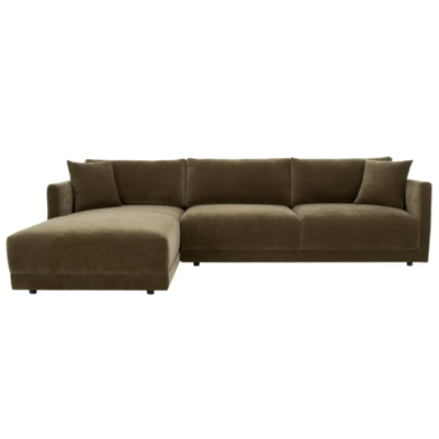The Bryn Sectional, finished in a heritage green wool blend velvet , size 115.5” W X 70.5” D X 31.5” H, available in left or right orientation.