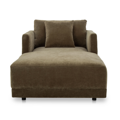 A modern chaise chair, 39.5” W X 77.0” D X 31.5” H, upholstered in a wool blend velvet in heritage green.