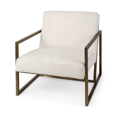 A metal and fabric accent chair oozing angular elegance. Gold metal frame and cream fabric.