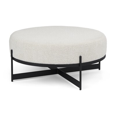 An attention-grabbing ottoman that showcases a modern, iron-base covered in sophisticated creamy bouclé fabric