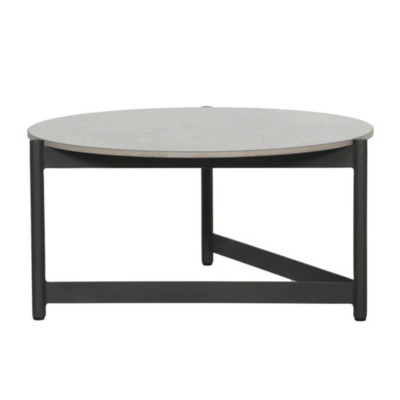 Complete your outdoor lounge with this modern coffee table. Features a black powder-coated aluminum frame and a grey ceramic top. Each ceramic top will look different, with unique variations of grey hues and veins that will enhance over time.