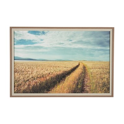 FRAMED PRINT OF TIRE TRACKS IN FIELDS WITH A BRIGHT BLUE SKY ABOVE