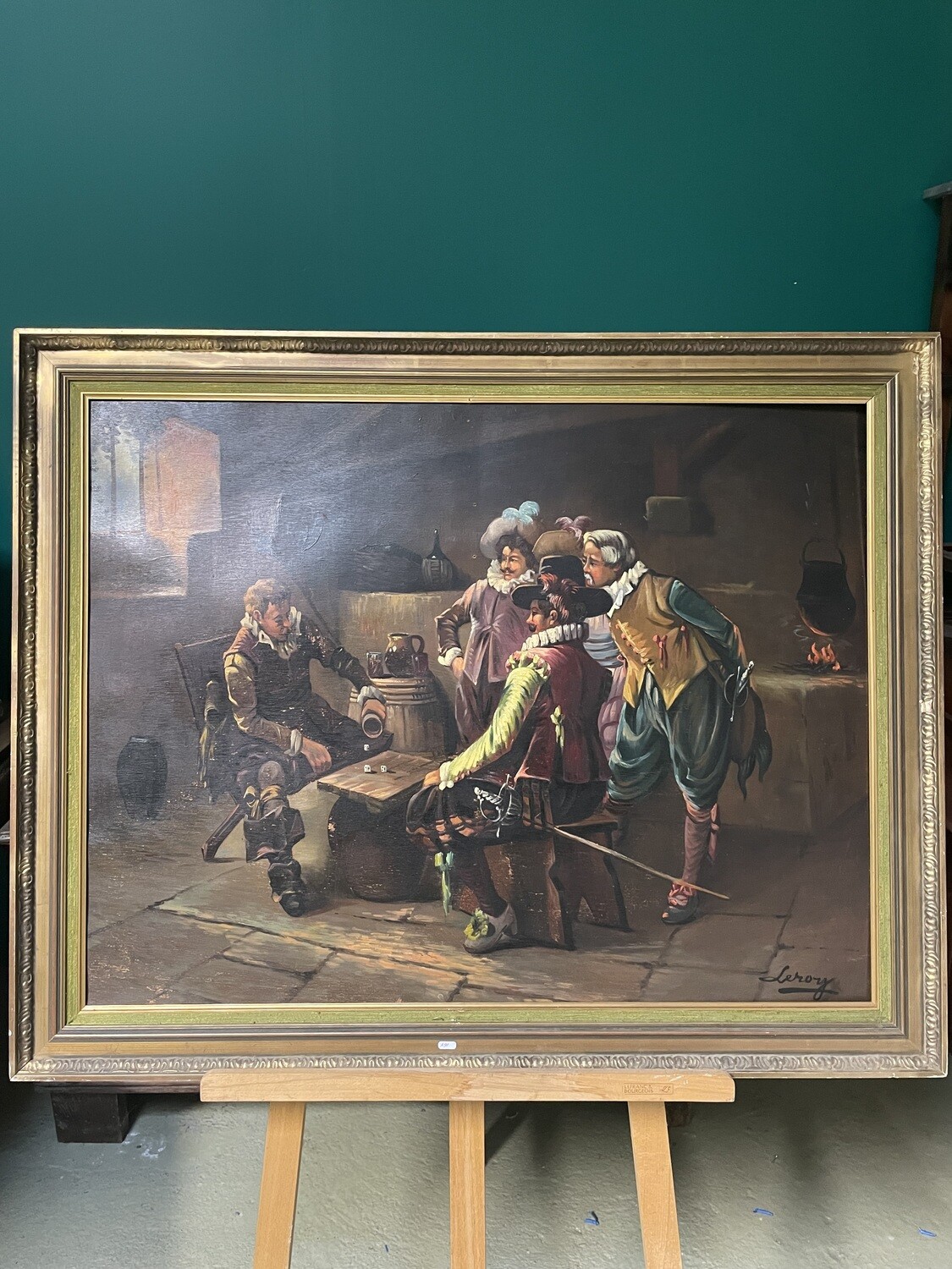 Grande et belle  huile sur toile, bien encadrée - LEROY  : "mousquetaires jouant aux dés" - Dimensions 70 cm x 91 cm
