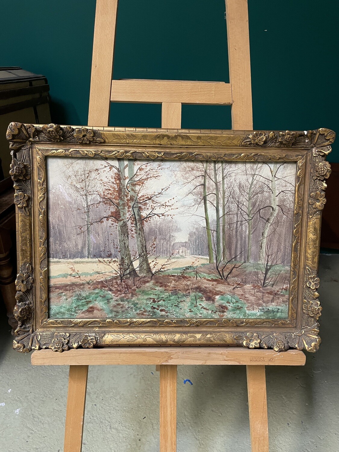 F. PECQUEUR-HENDUEL : Propriété en forêt, aquarelle, cadre en bois et stuc doré à décor floral. Très belle ambiance. - Dimensions 34.5 cm x 52.5 cm