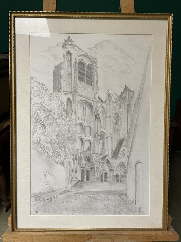 Dessin à la mine de plomb "Cathédrale St Etienne de Bourges" signé Patrick 74.  bien encadré, sous verre - Dimensions 59.5 cm x 39.5 cm.