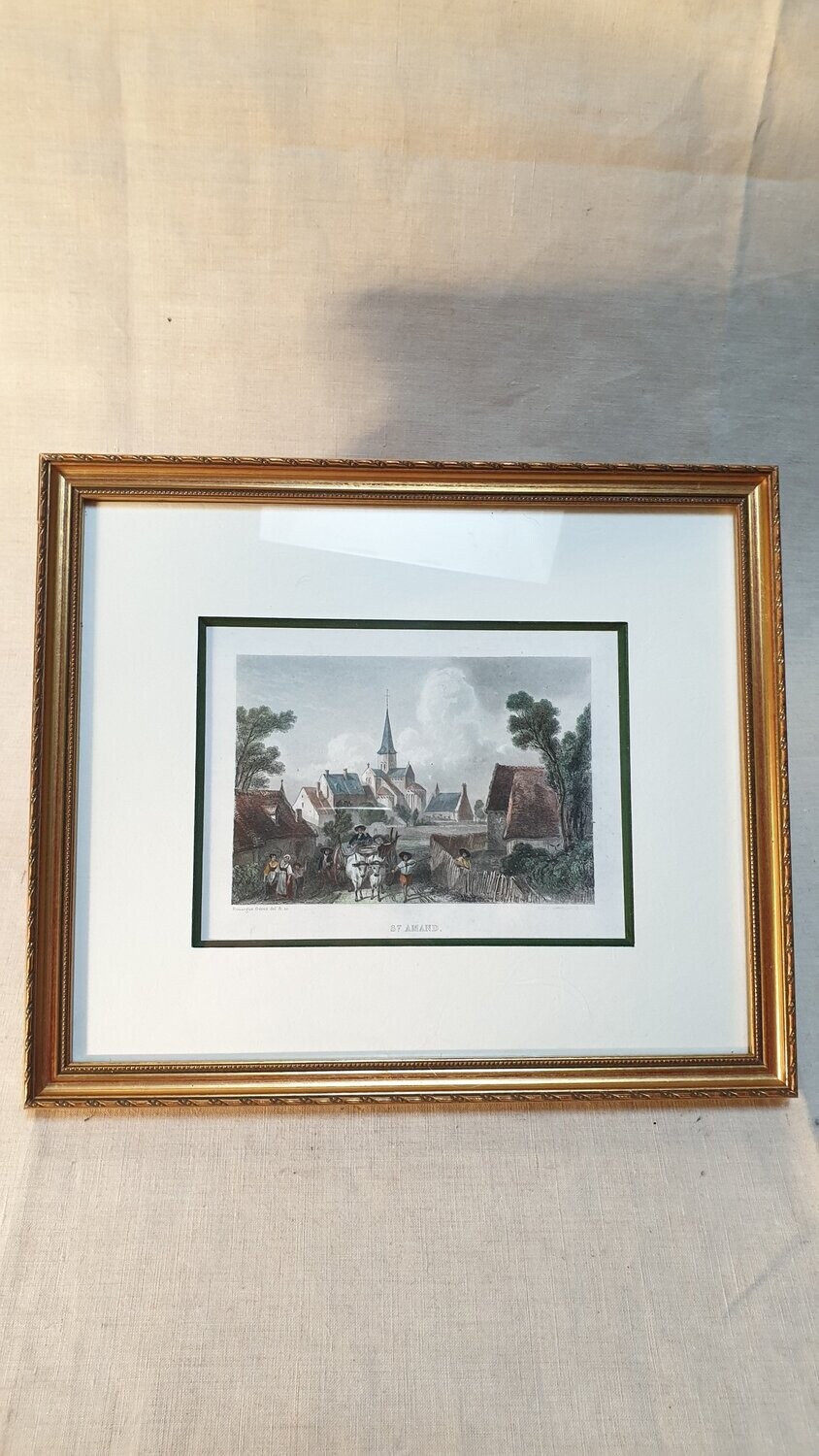 Gravure de St-Amand Montrond dans un cadre doré 29x25