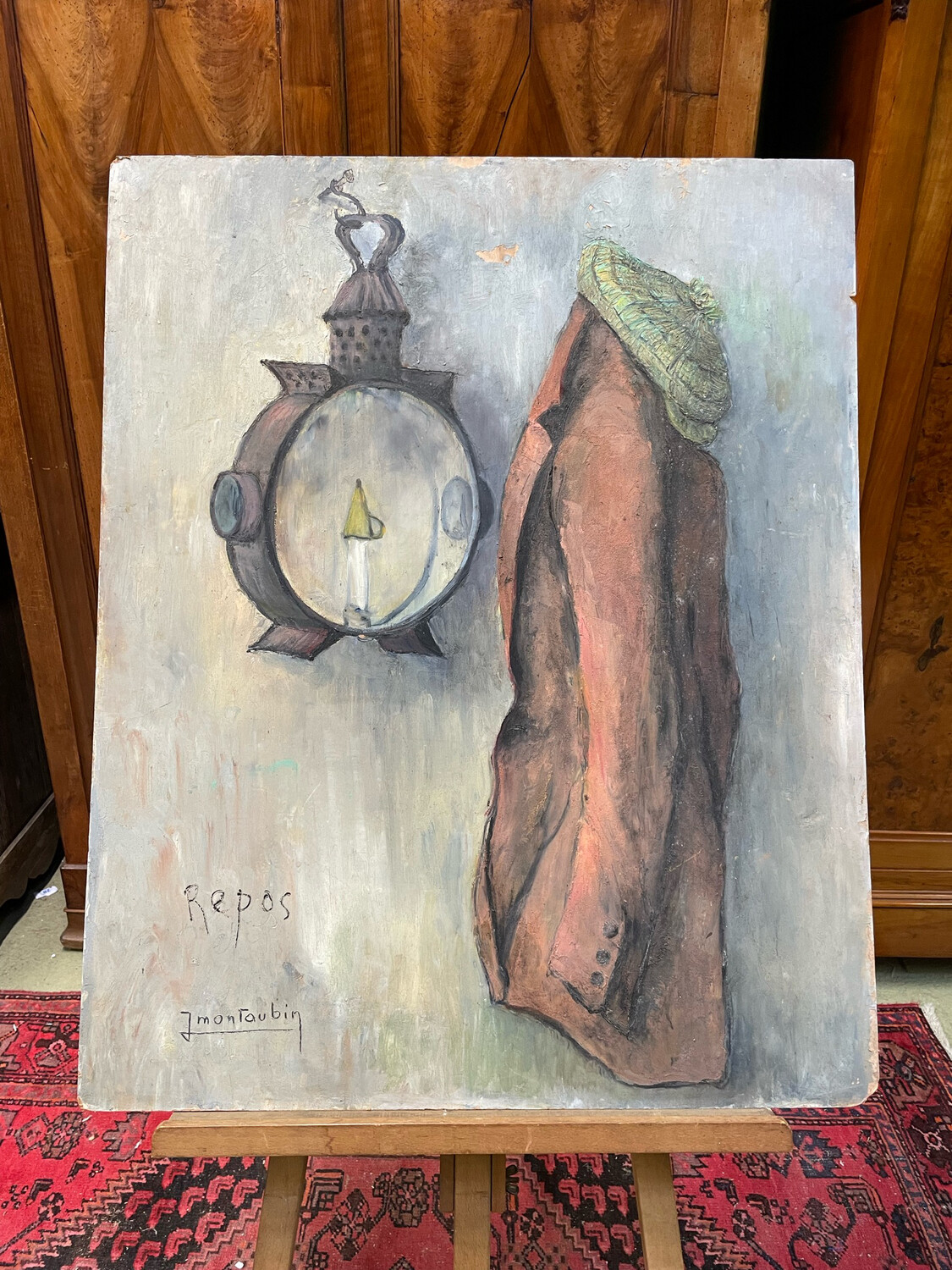 Jean MONTAUBIN (1913-1992). Le repos. Huile sur panneau signée et titrée en bas à gauche. 100 x 81 cm.