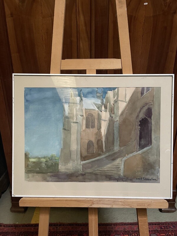 FEUERSTEIN Noël (1904-1998) - Bourges - "La Cathédrale" (portail nord) aquarelle sbd 39 x 55 cm.