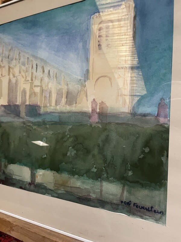 FEUERSTEIN Noël (1904-1998) - "La Cathédrale" Bourges - (vue de la place Montaigne), aquarelle - 39 x 55.5 cm.