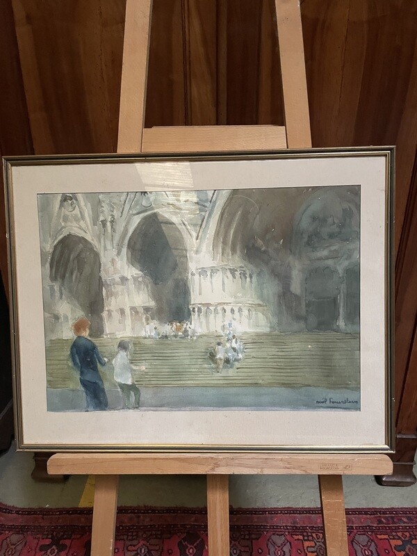 FEUERSTEIN Noël (1904-1998) - Cathédrale de Bourges , parvis animé et portails, aquarelle -  39 x 55.5 cm.