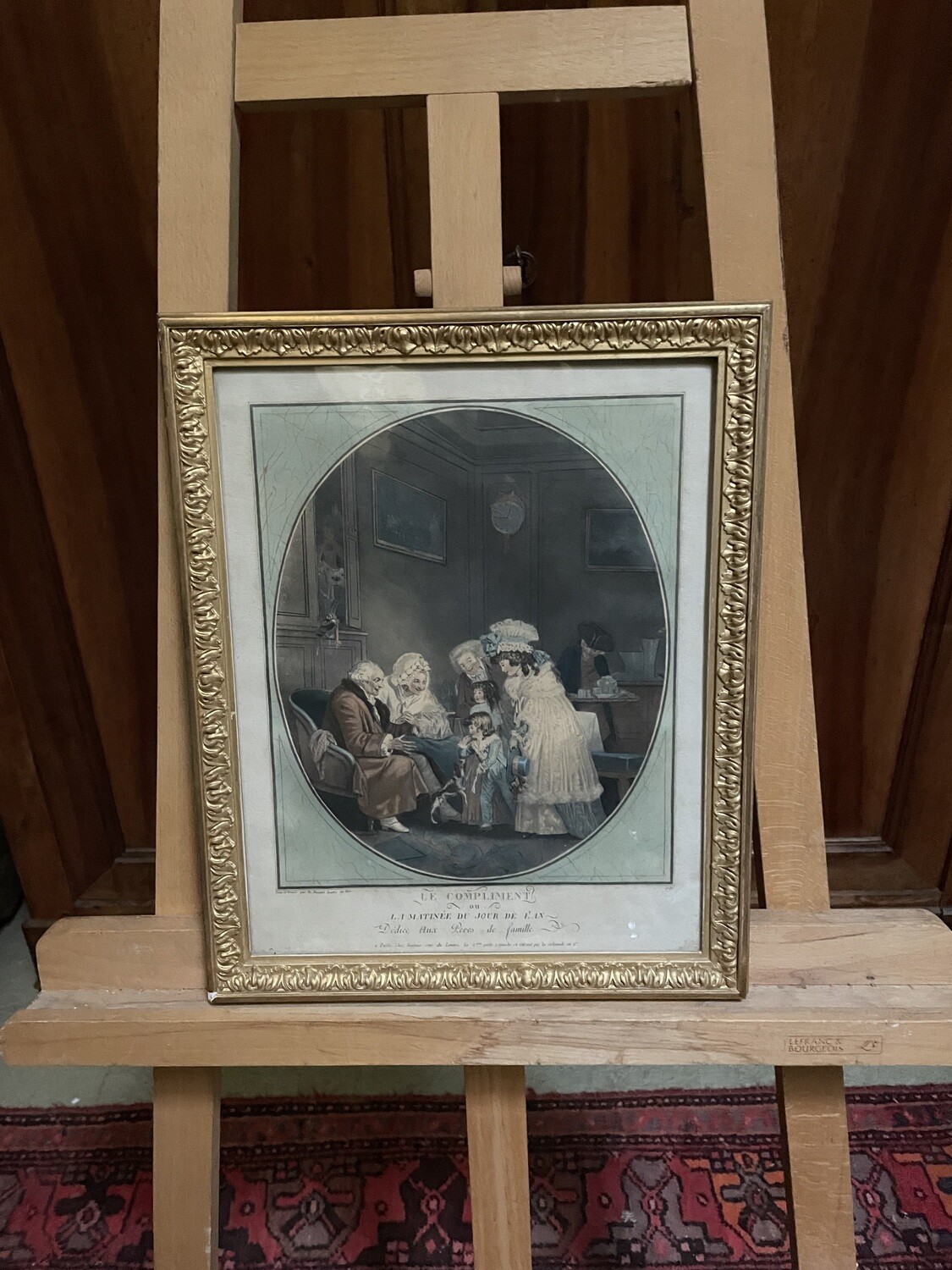 "Le Compliment ou la Matinée du Jour de l'An dédiée aux Pères de Famille", gravure en couleur d'après De Bucourt. 35.5 x 28 cm (avec les marges).
