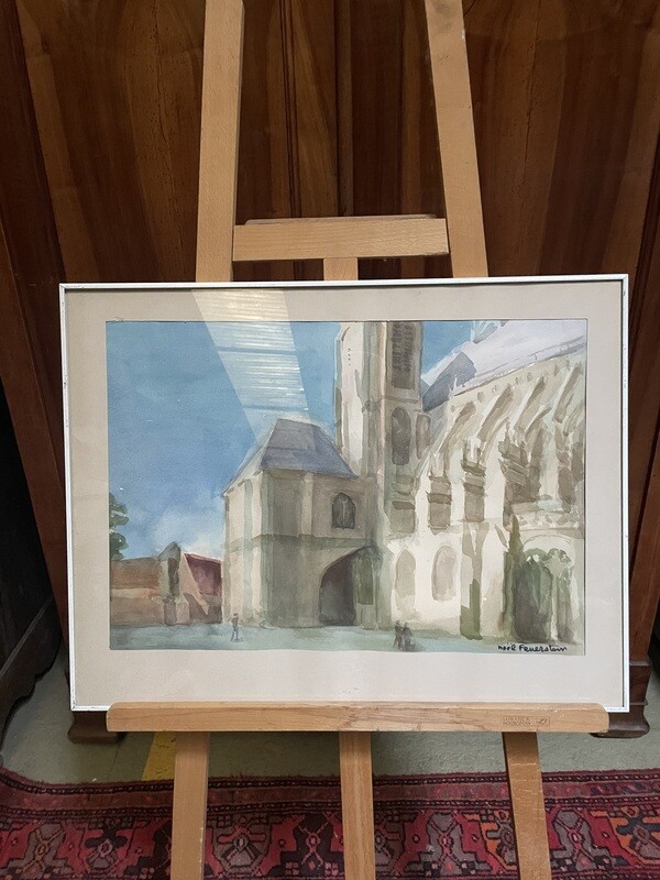 FEUERSTEIN Noël (1904-1998) - Cathédrale de Bourges -  portail sud et pilier butant, aquarelle 39 x 55.5 cm.
