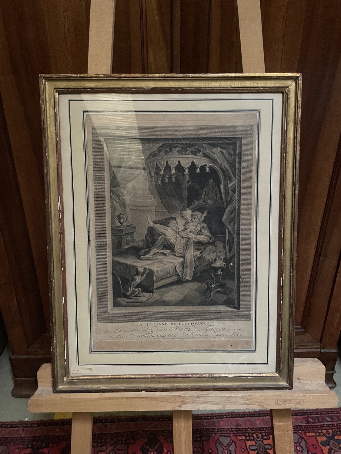 "La Sultane Reconnaissante" , gravure en noir d'après Macrel, XVIIIème siècle, pliure médiane, 45.5 x 31.5 cm avec marges.