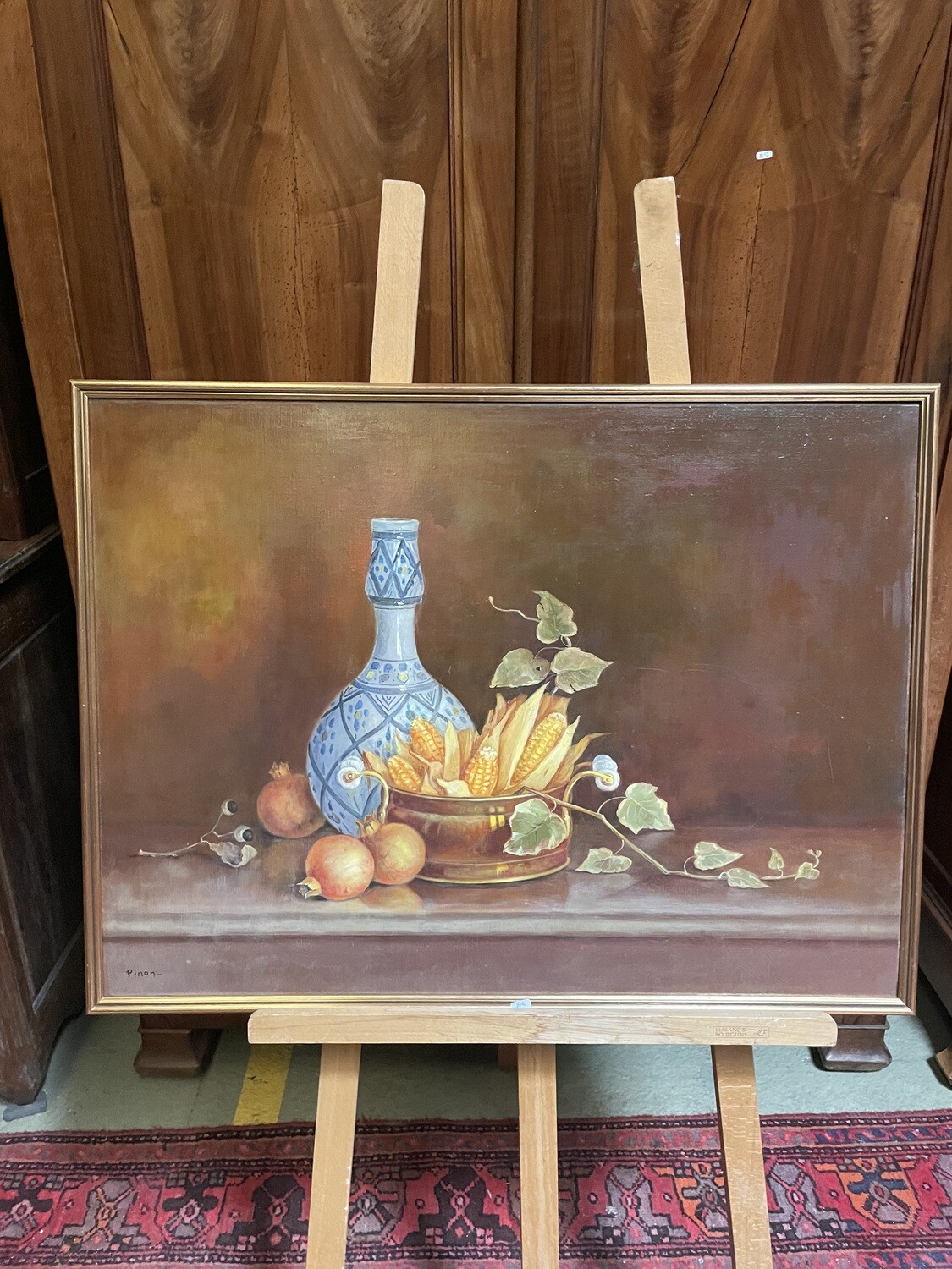Atelier Henri PINON - Nature morte au vase oriental, maïs et oignon - 60 x 81 cm