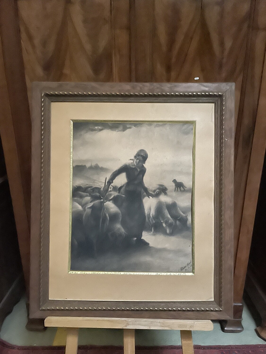 Marcel BOUIN -Jeune bergère et troupeau, dessin au fusain signé et daté 09/01/13 - h : 53 x 43 cm