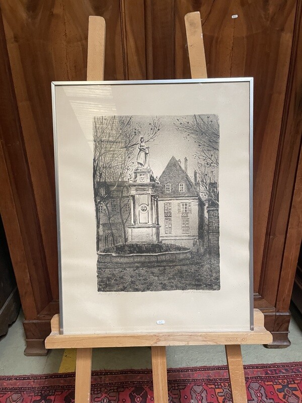 FEUERSTEIN Noël (1904-1998) - Bourges, Fontaine place G. SAND, Lithographie numérotée 10/10 et signée dans la marge - 64 x 49 cm.