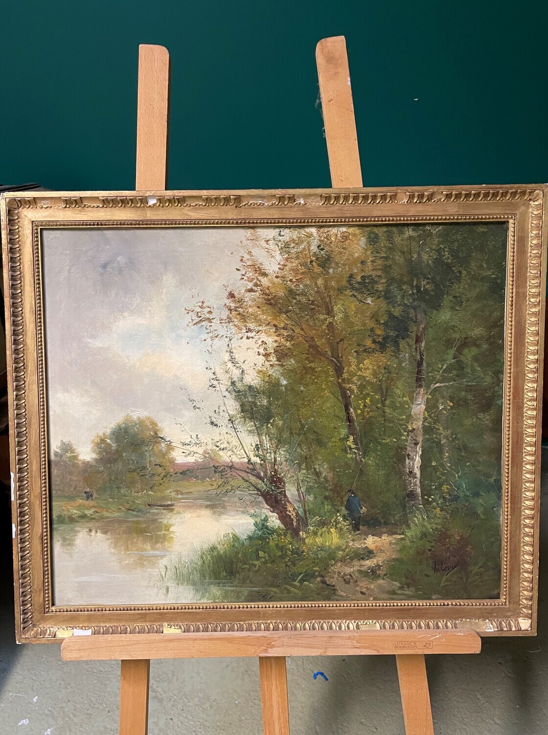 Huile "pêcheur au bord de l'étang" par A.LEVY - Dimensions  54 cm x 65 cm
