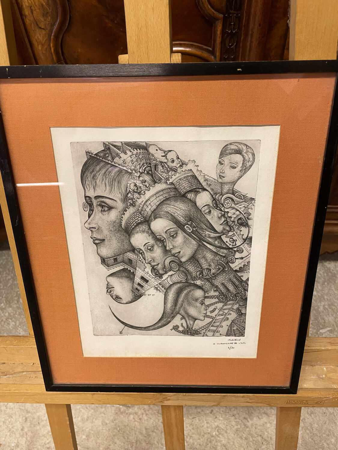Gravure "le couronnement de l'auto" l'horloge parlante- 35 x 42 cm