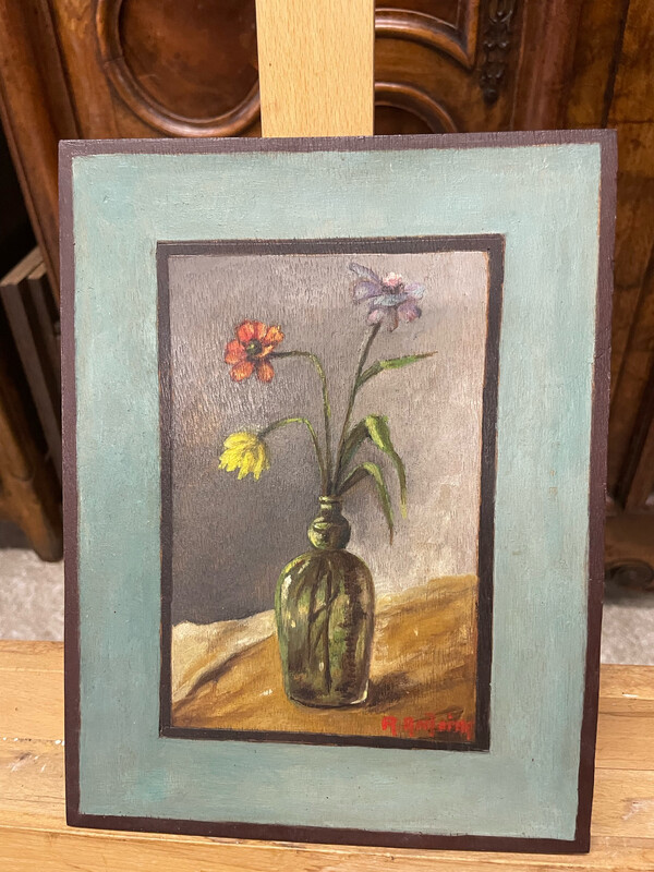 Atelier R.ANTOINE : Bouquets de fleurs jaune rouge violette avec un trompe l'œil cadre turquoise - 19 x 25,5 cm